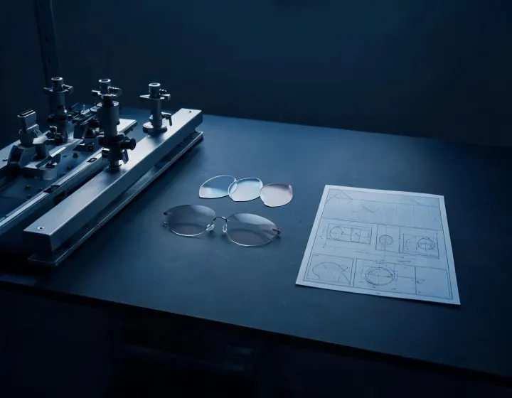 Unlabeled custom transition lenses on an optical intake bench